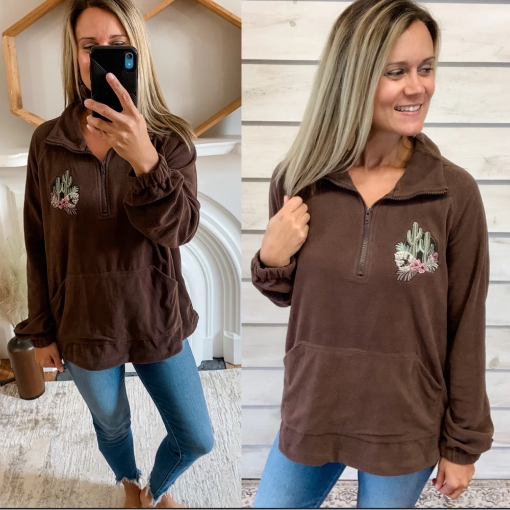 Over sized Entro chocolate Brown Quarter-Zip‎  western cactus Pullover nwt